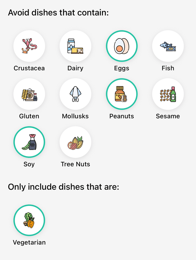 Dietary preferences screen