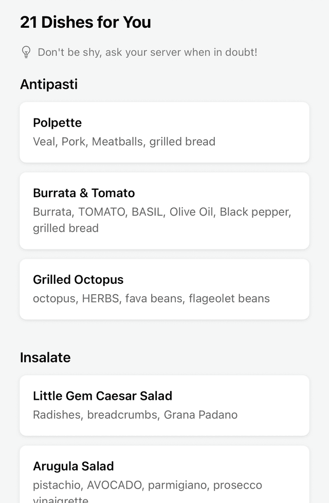 Menu and dishes screen