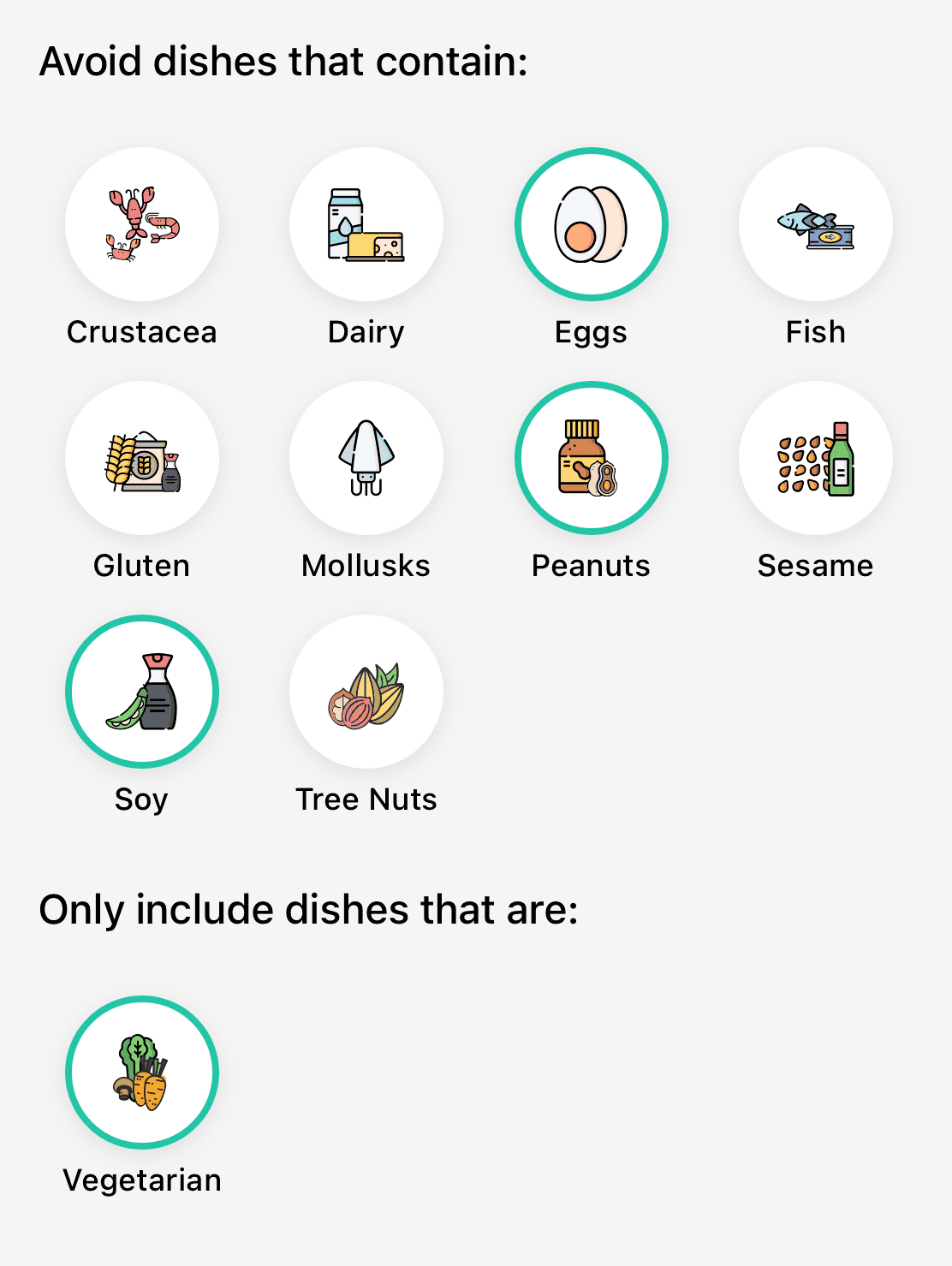 Dietary preferences screen